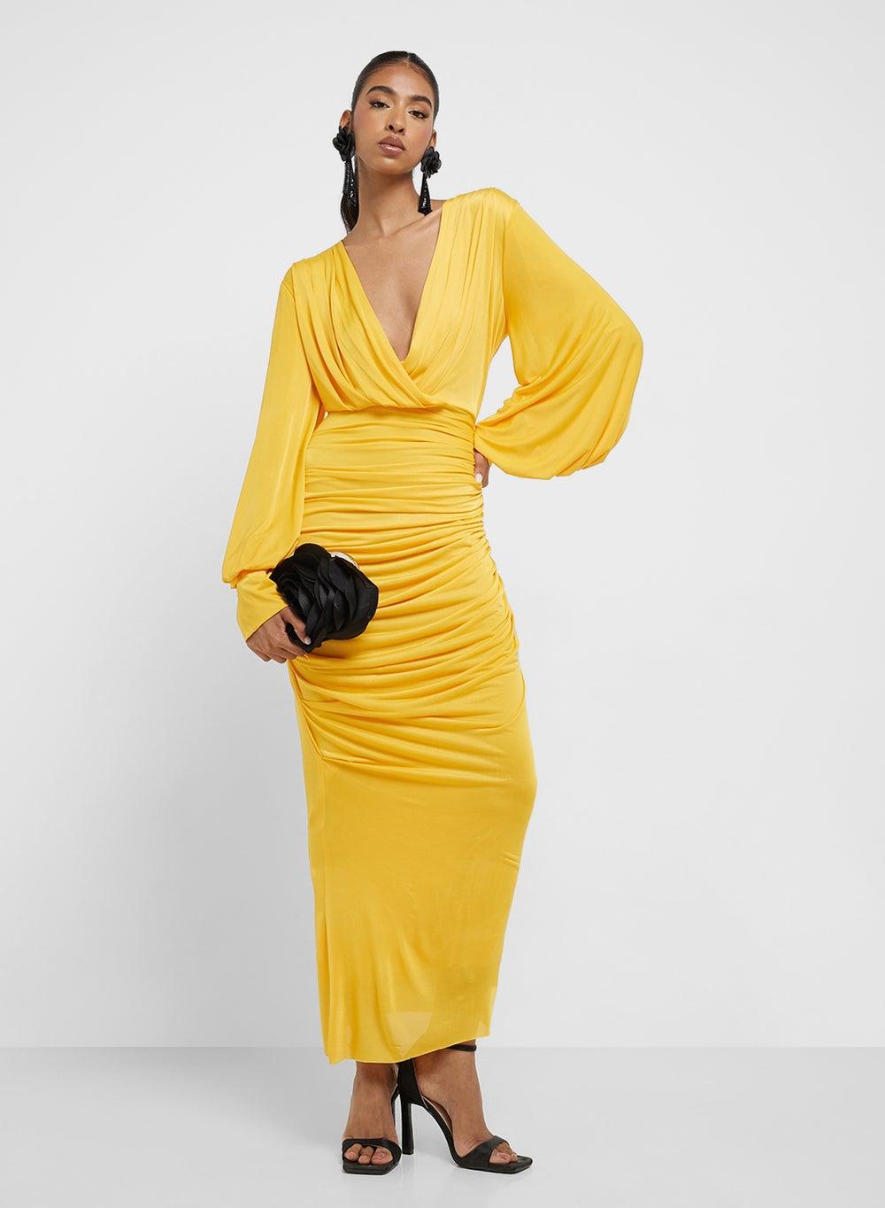 Ruched Yellow Deep V-Neck Long Sleeve Maxi Gown - Image 1