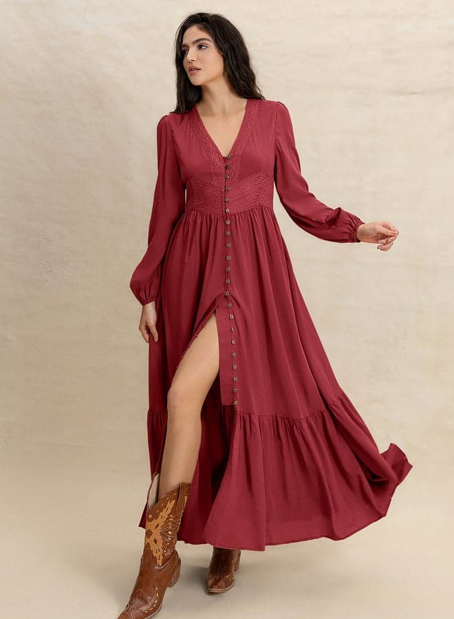 Women Burgundy Maxi Dress with Button Loop - Image 1