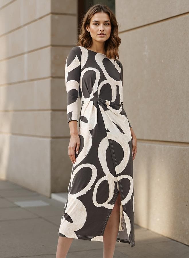 Iconic All-Over Print Midi Dress with Drape Detail - Image 1