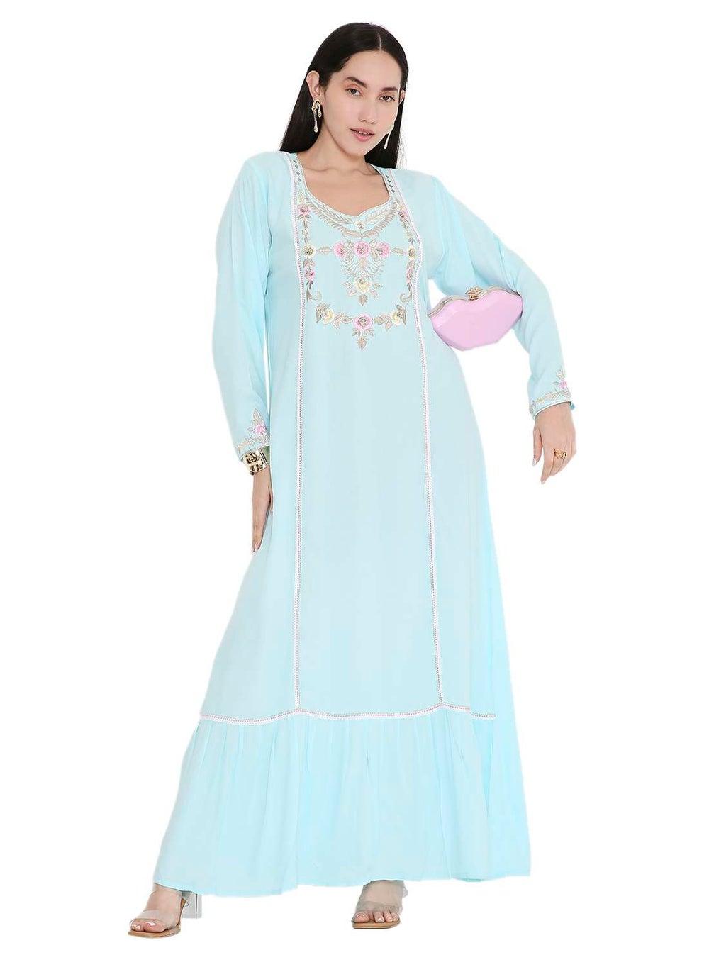 Vibrant Thread-Embroidered Modest Arabic Farasha Jalabiya Dress - Image 1