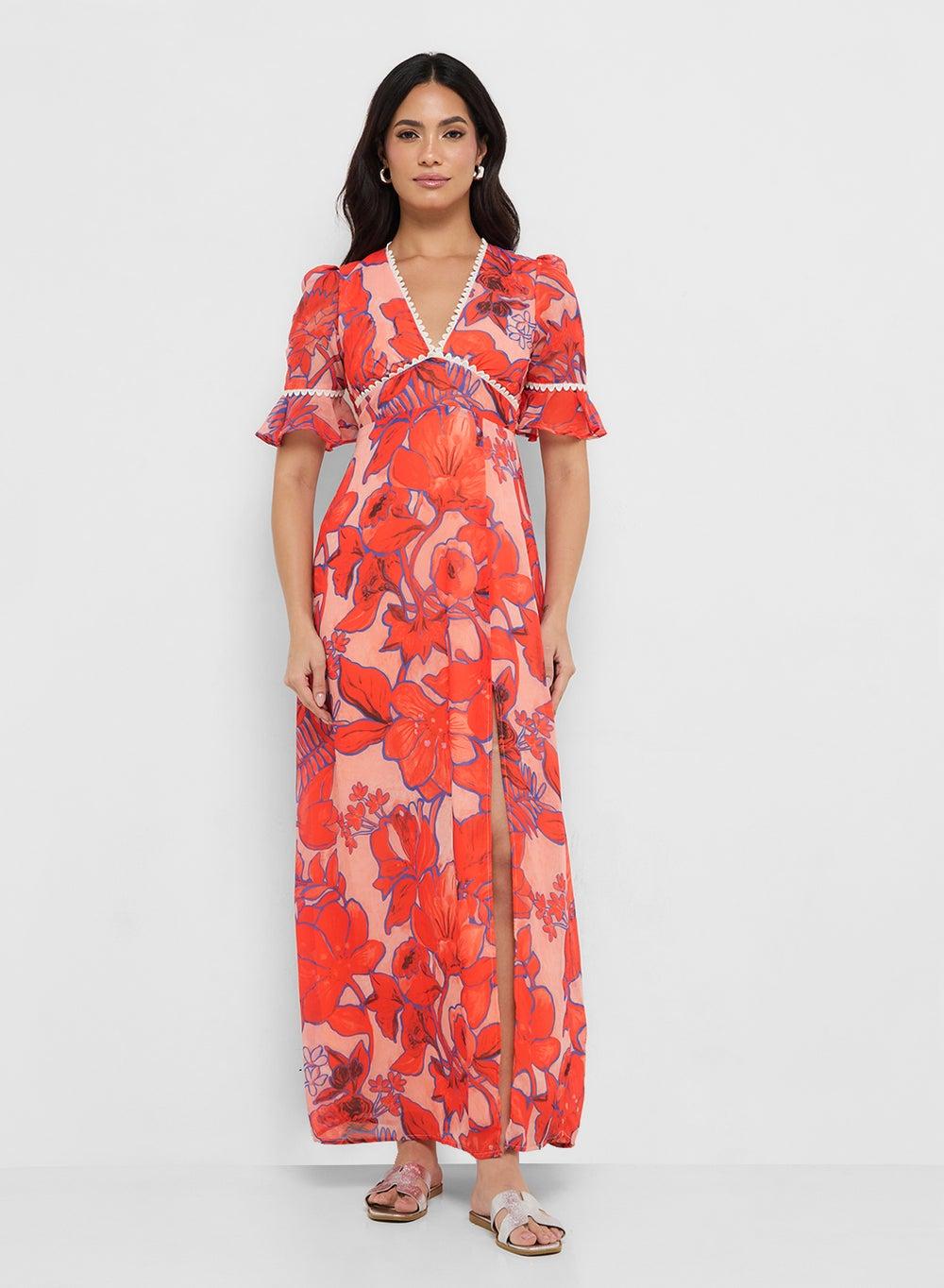 Red Floral Print Maxi Dress with Ruffle Sleeves - Image 1