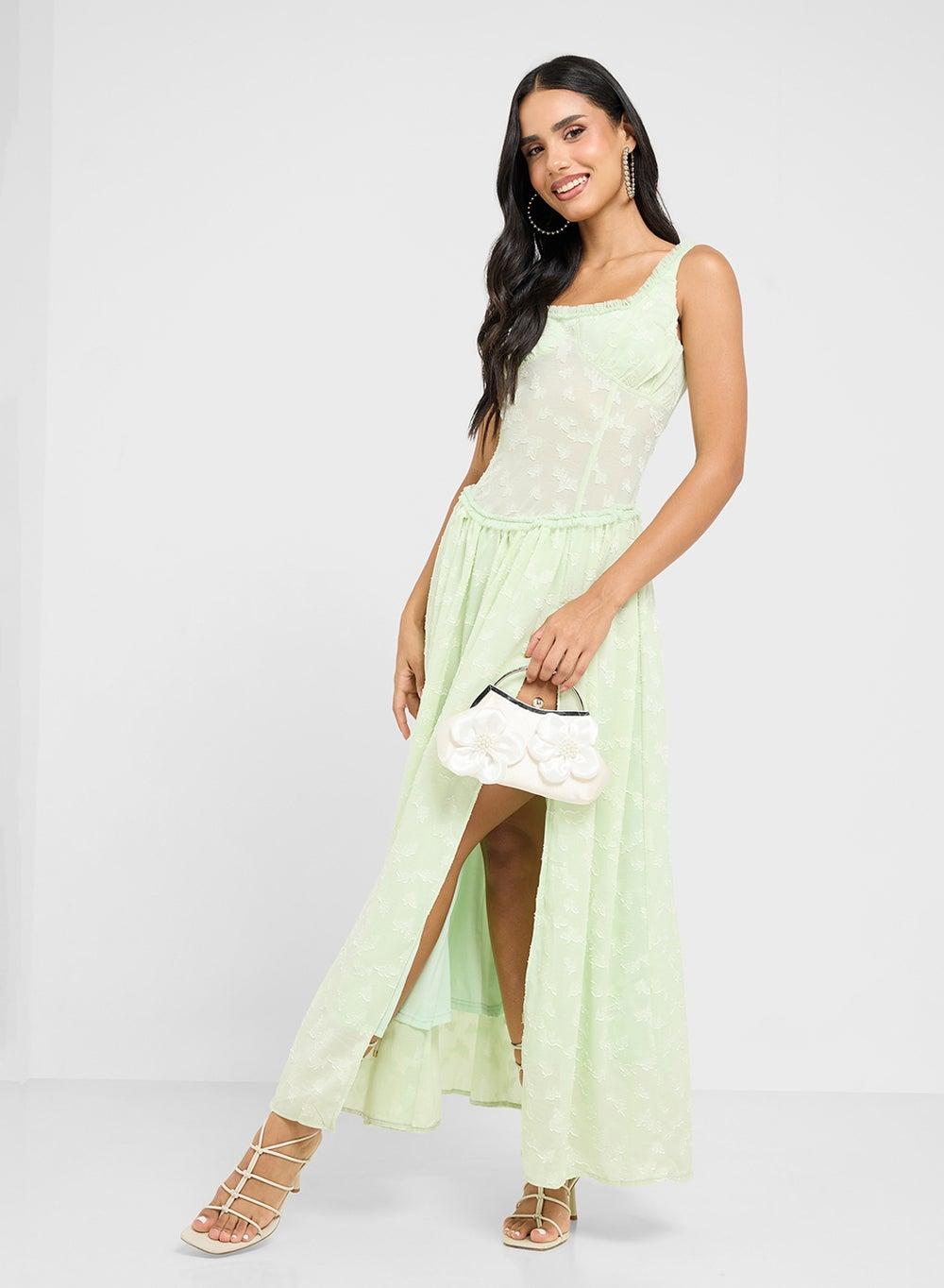 Light Green Floral Chiffon Maxi Dress - Image 1