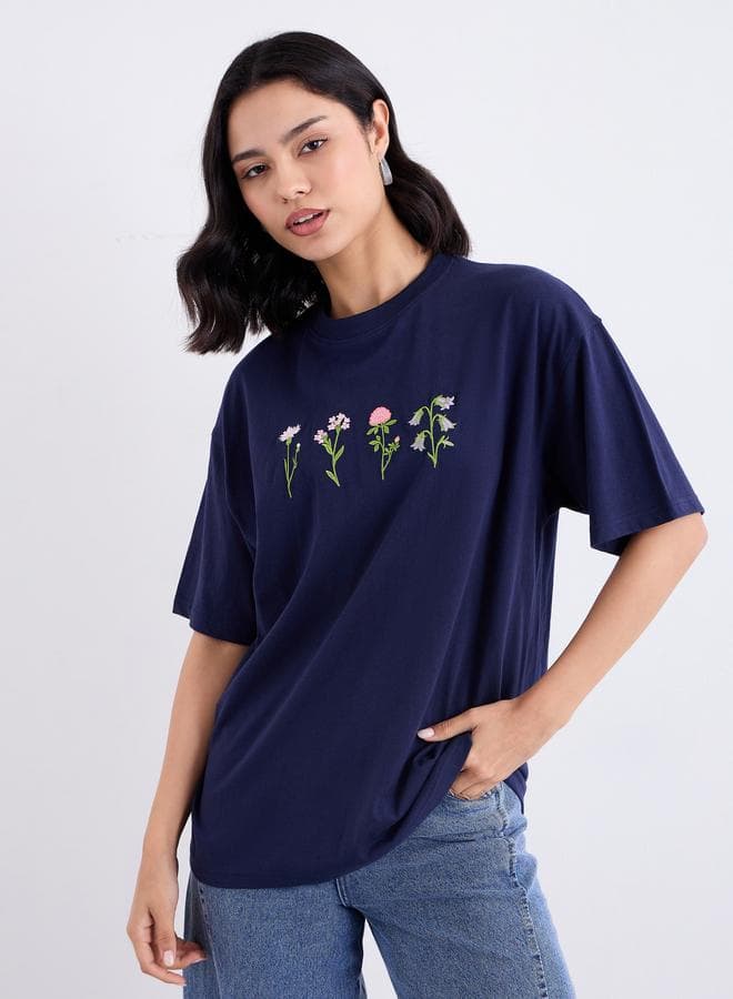 Women Navy Blue Embroidered Oversized T-Shirt - Image 1