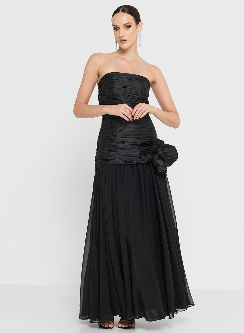 Ruched Bardot Maxi Dress with Floral Detail - Image 1