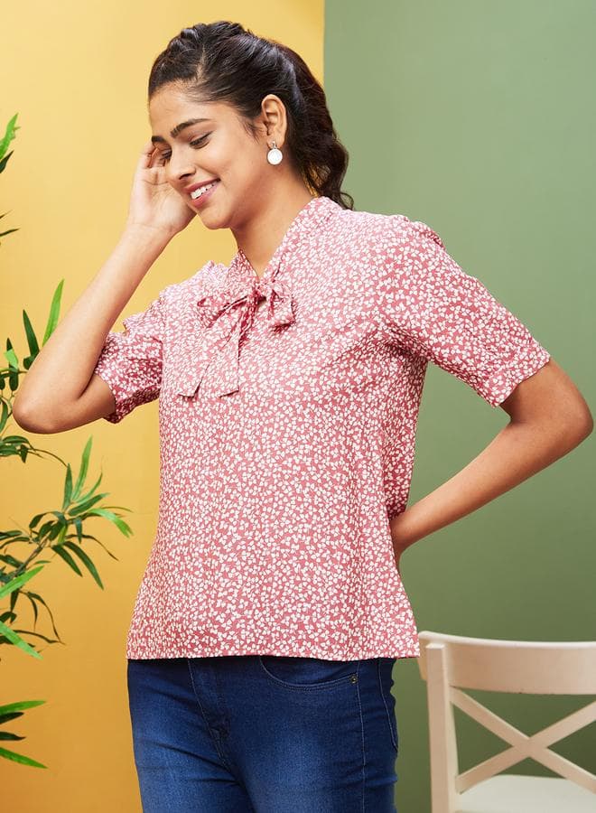 Globus Printed Tie-Up Neck Short Sleeve Blouse - Image 1