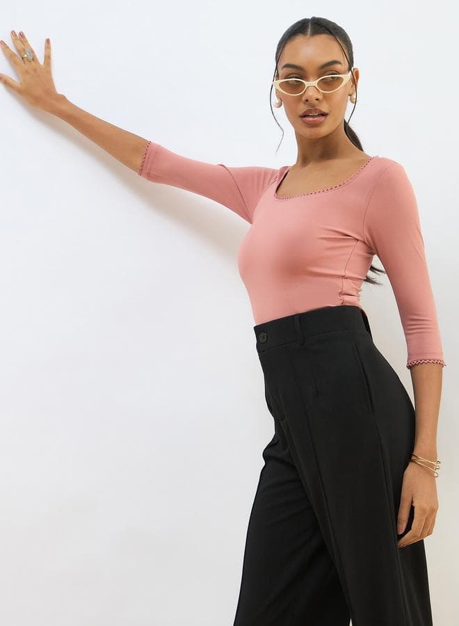 SASSAFRAS Pink Knitted Lace Detail Crop Top - Image 1