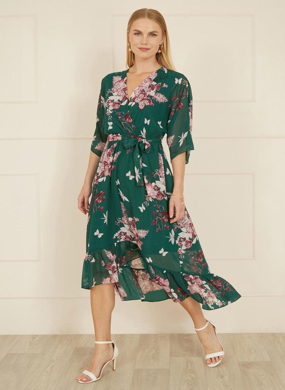 Floral Chiffon Midi Dress with Ruffled Hem - Image 1