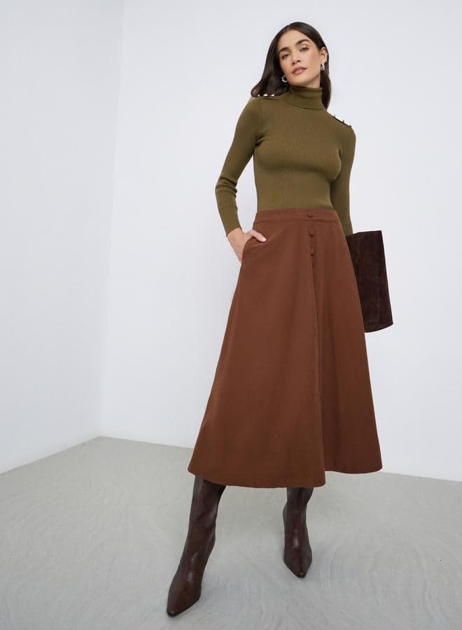 Styli Coffee Brown Buttoned A-Line Midi Skirt with Pockets - Image 1