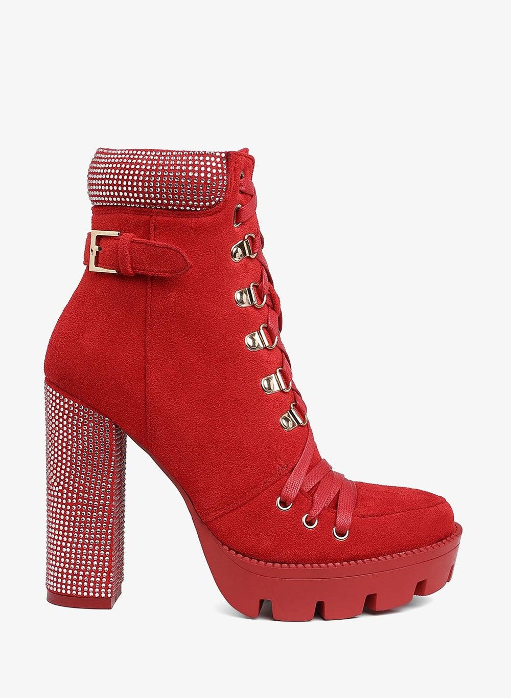 Red Diamante Block Heel Ankle Boot - Image 1