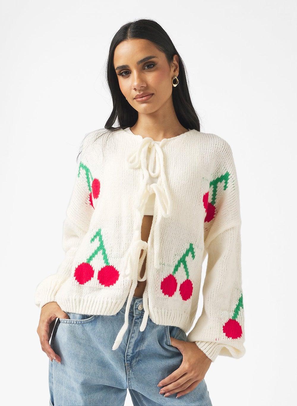 Cherry Bow Tie Detail Cardigan - Image 1