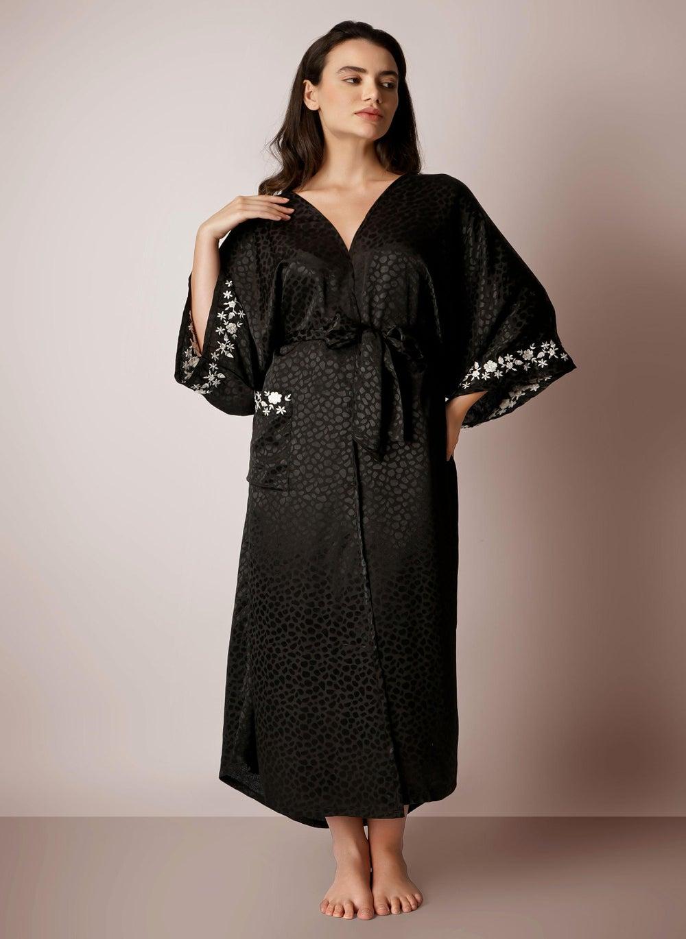 Ambi Embroidered Black Satin Jacquard Kaftan Robe - Image 1