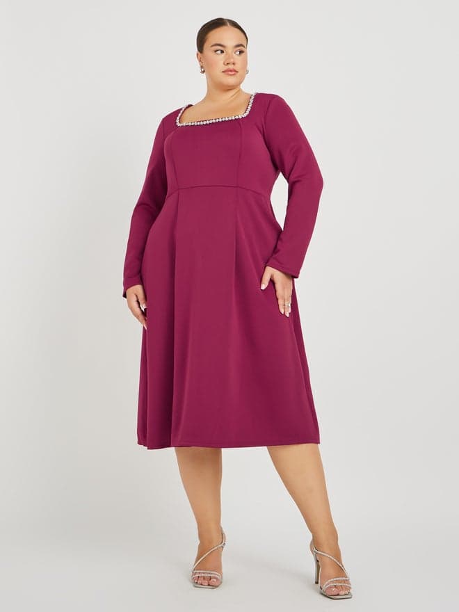 Square Neckline Rhinestone Midi Dress - Image 1