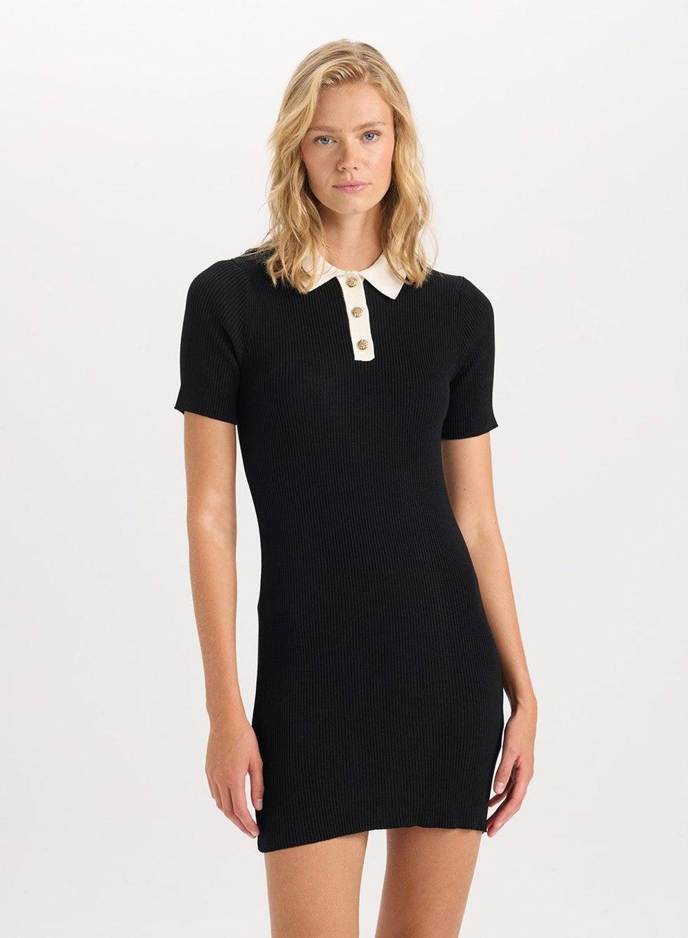 Ribbed Polo Mini Dress with Button Detail - Image 1