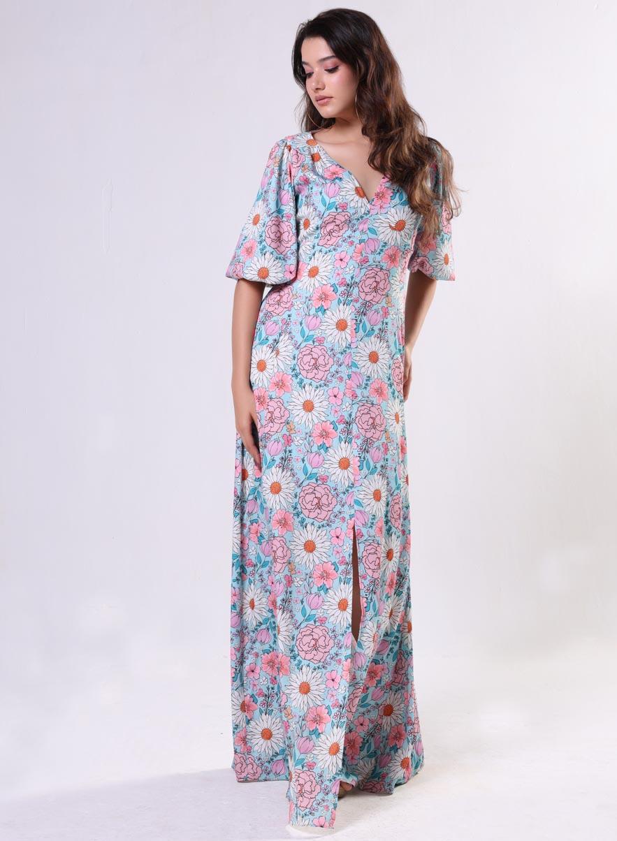 Curved V Neck Paneled Satin Printed Maxi Dress - Image 1