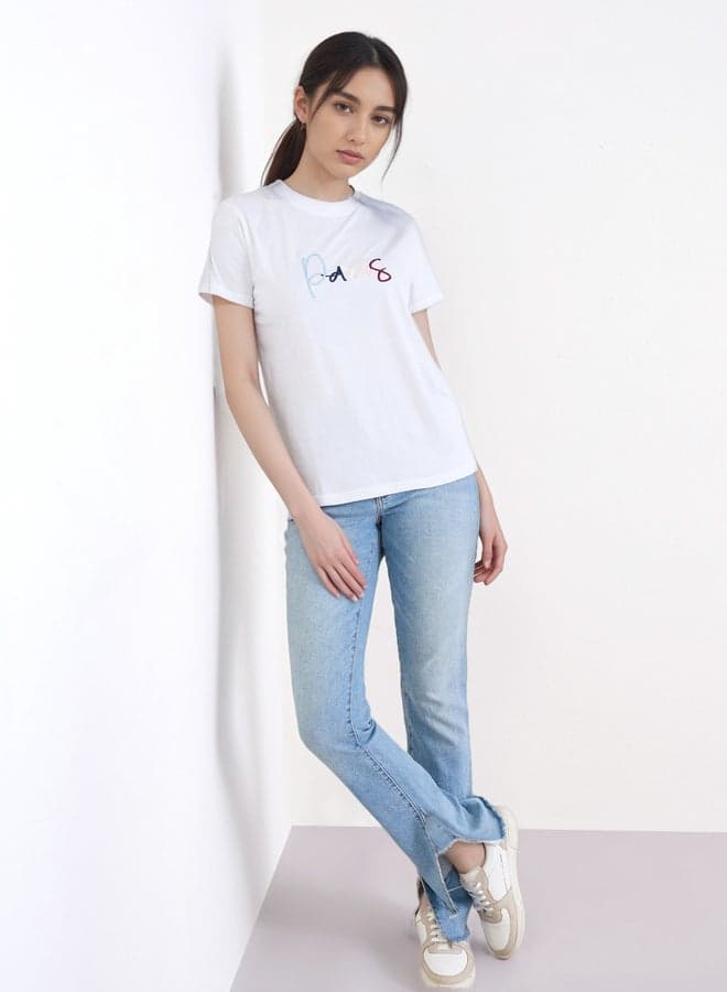 Styli White Paris Embroidered Regular Fit T-Shirt - Image 1