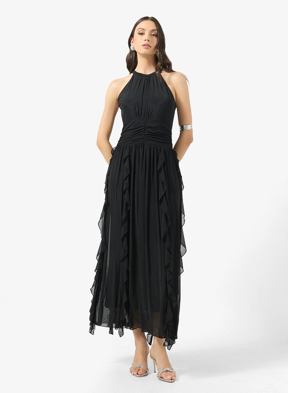 Halter Neck Frill Detail A-Line Maxi Dress - Image 1