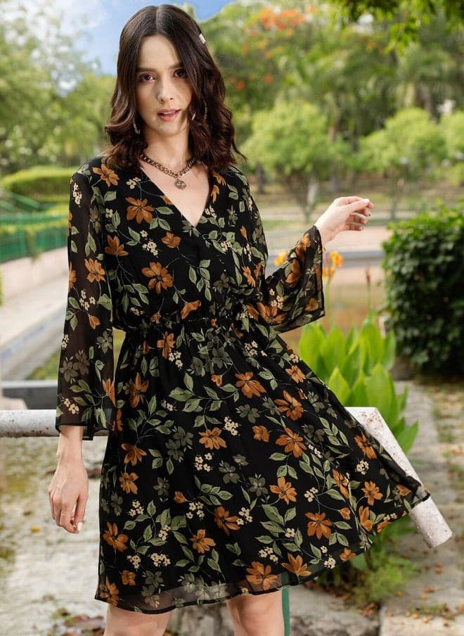 Floral Printed Wrap Midi Dress for Women - Image 1