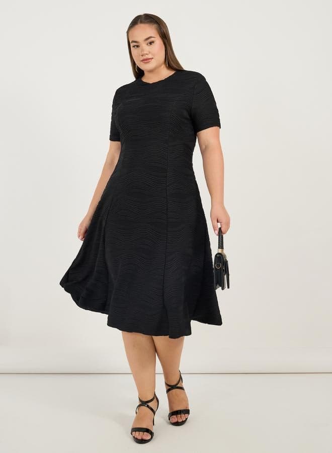 Textured Black Fit-and-Flare Midi Dress - Image 1