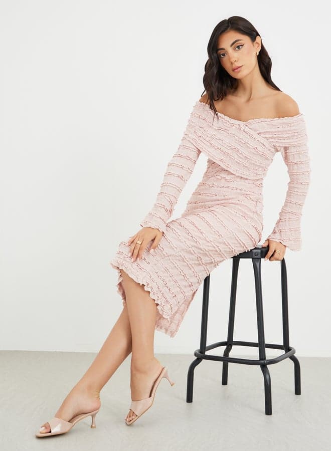 Solid Ruffle Trim Off-Shoulder Sheath Midi Dress - Image 1