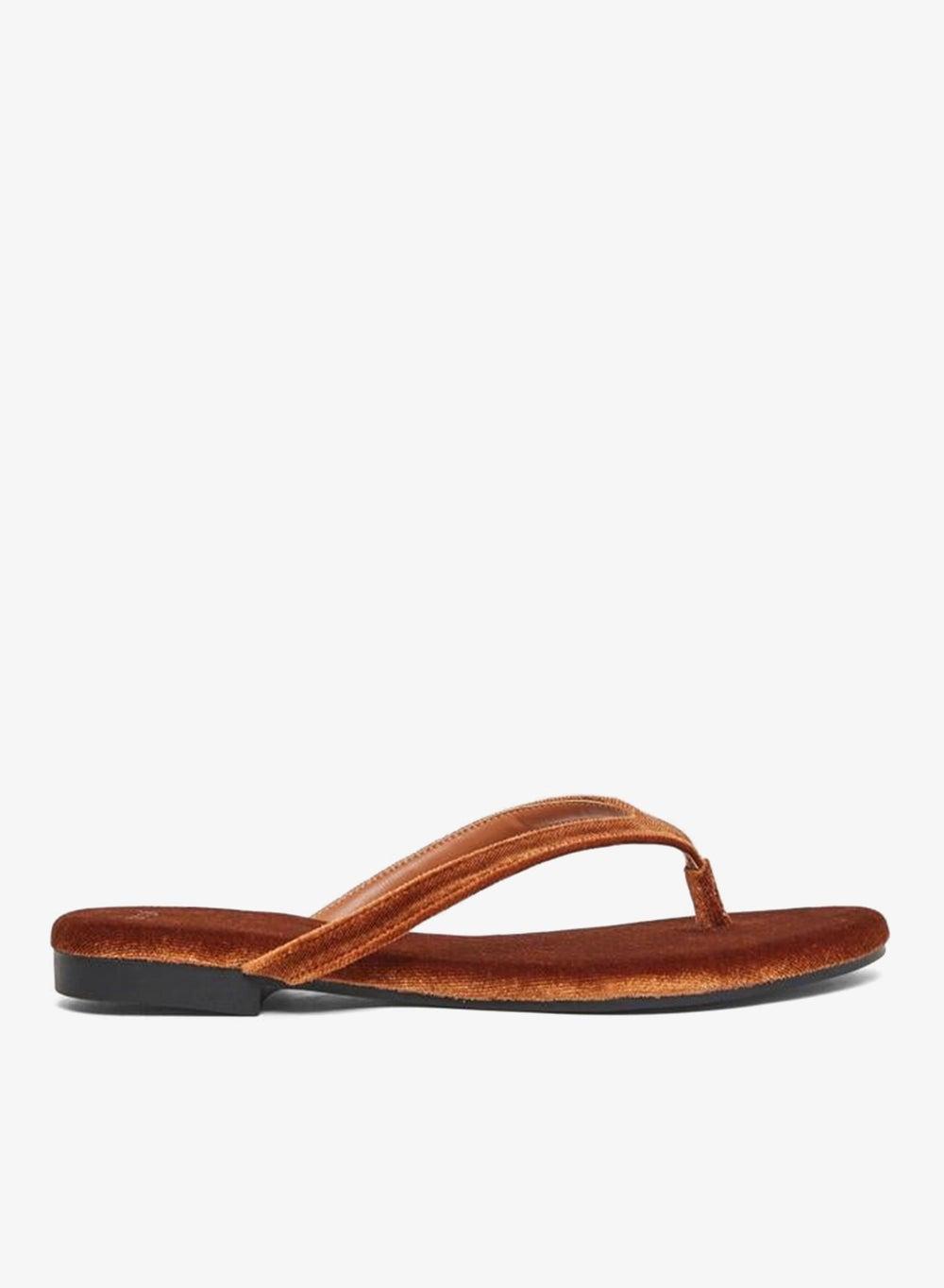 Styli Tan Velvet Look Flat Sandals - Image 1