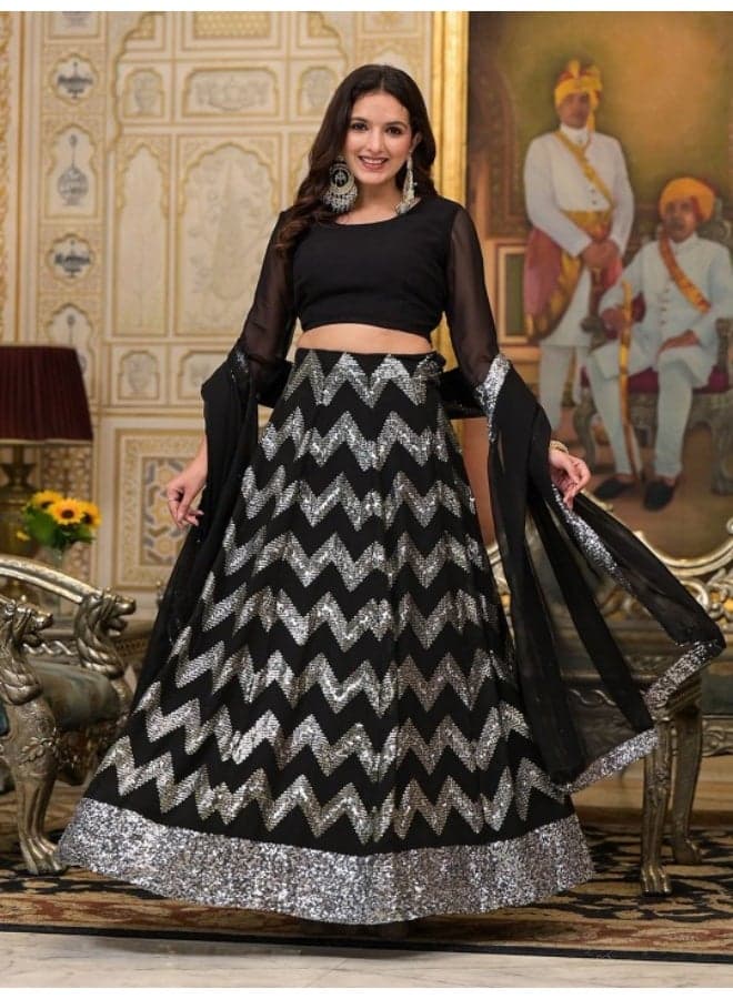Black Sequinned Party Wear Lehenga Choli with Silver Detailing - Image 1