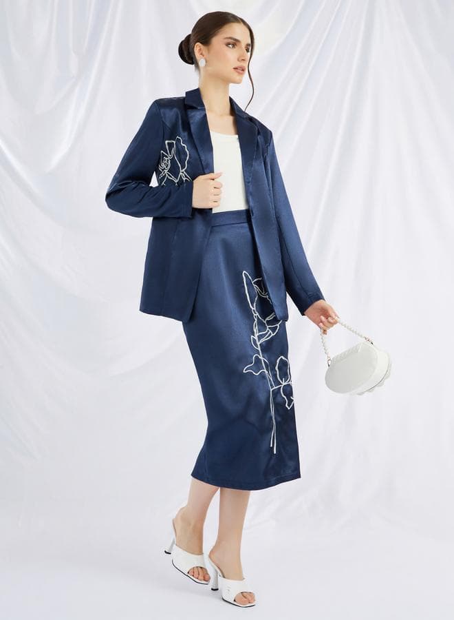 Styli Embroidered Satin Midi Skirt - Image 1