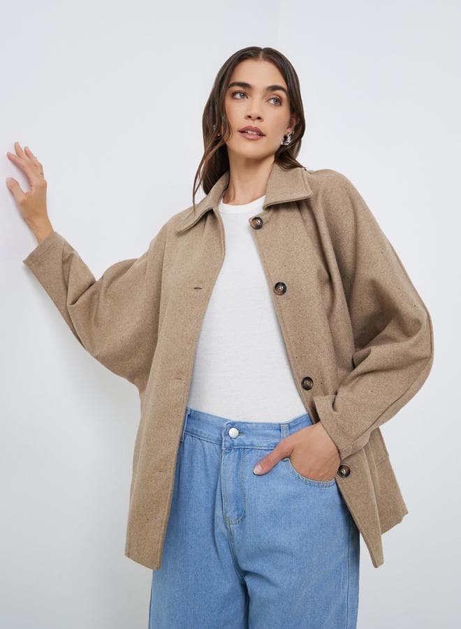 Styli Brown Longline Oversized Button Coat - Image 1