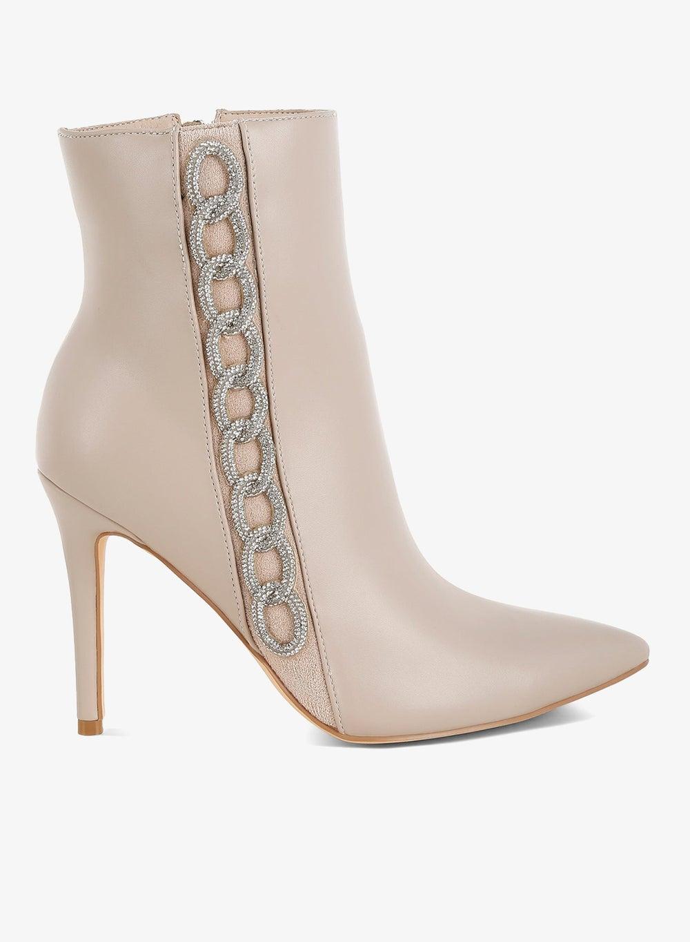 Beige Rhinestone Chain Detail Ankle Boots - Image 1