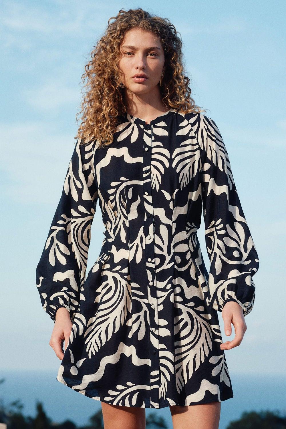 Tapered-Waist Mini Dress with Balloon Sleeves - Image 1