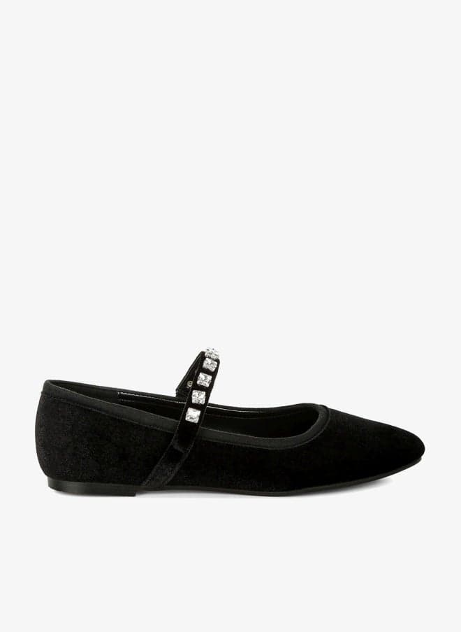 Black Velvet Mary Jane Ballerinas with Diamante Strap - Image 1