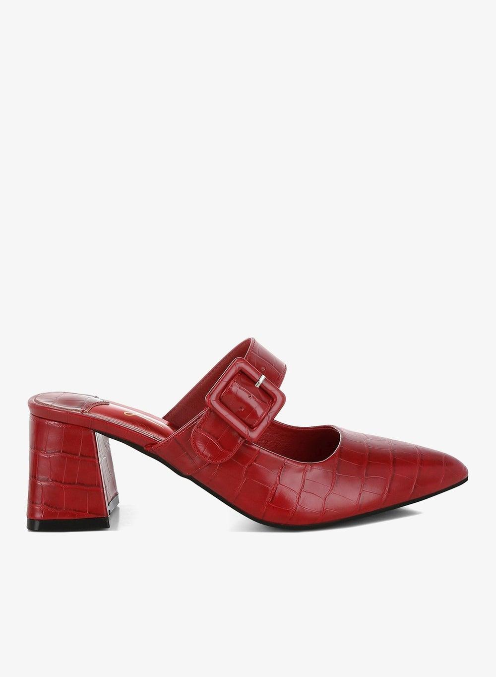 Dark Red Croco Buckle Strap Detail Mules - Image 1