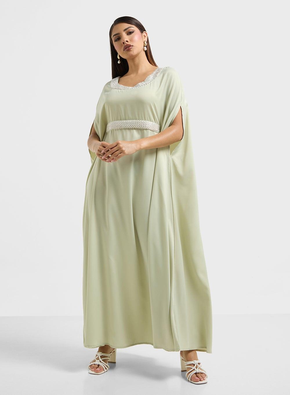 Embellished Belted Light Green Maxi Dress - Image 1