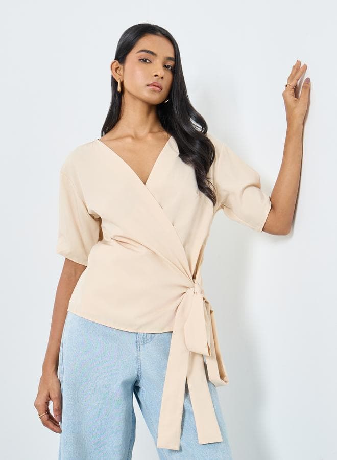 Solid V-Neck Wrap Top - Image 1