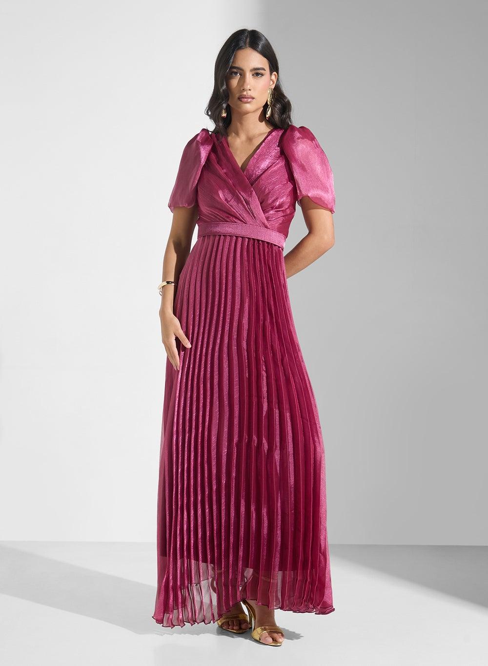 Pleated Magenta Evening Dress with Puff Sleeves - Image 1