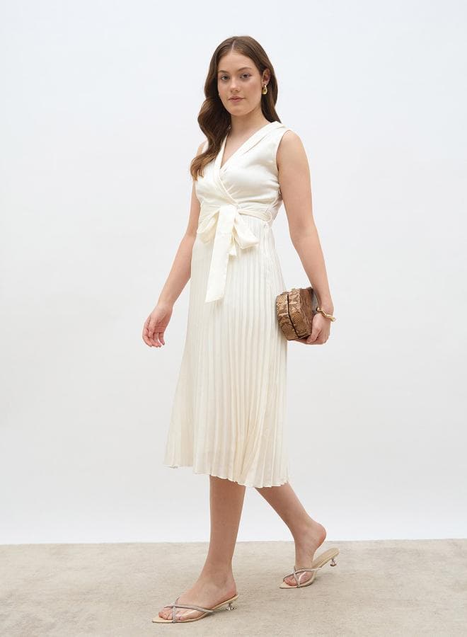 Sleeveless Pleated A-Line Wrap Midi Dress - Image 1