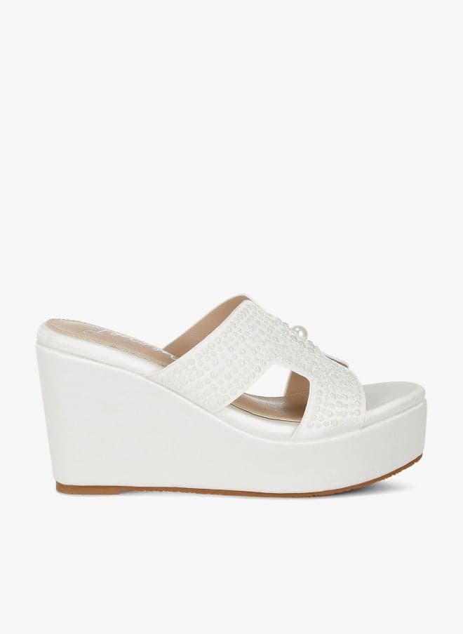 White Satin Pearl Detail Wedge Sandals - Image 1