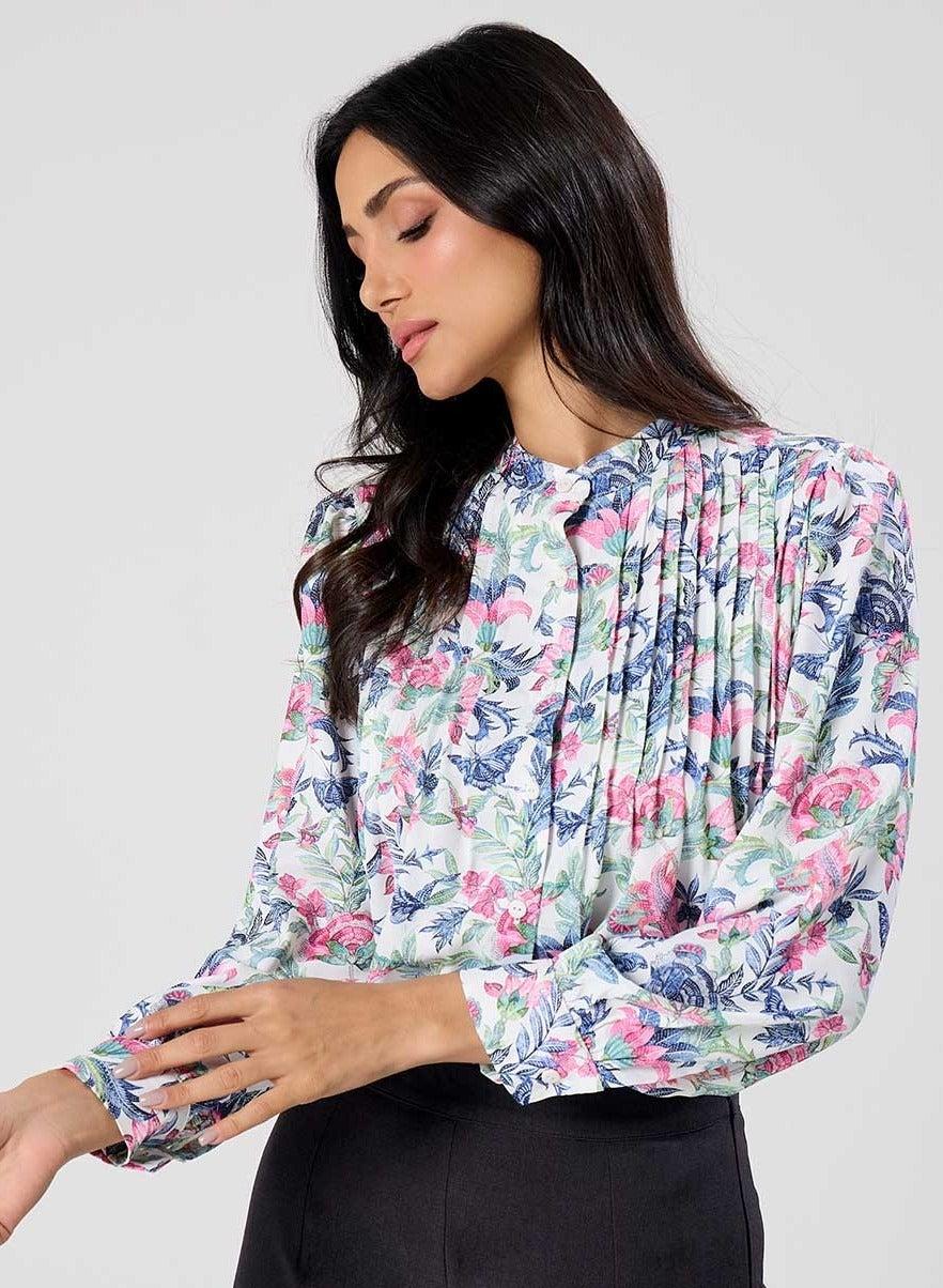 Pintuck Detailed Sleeve White Printed Top - Image 1