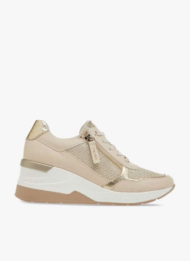 Women's Panelled Ankle Wedge Sneakers with Lace-Up Closure - Image 1
