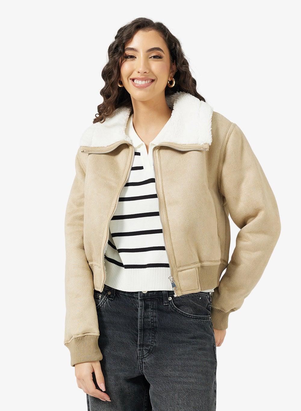 Suede Zip-Up Jacket with Borge Detail - Image 1