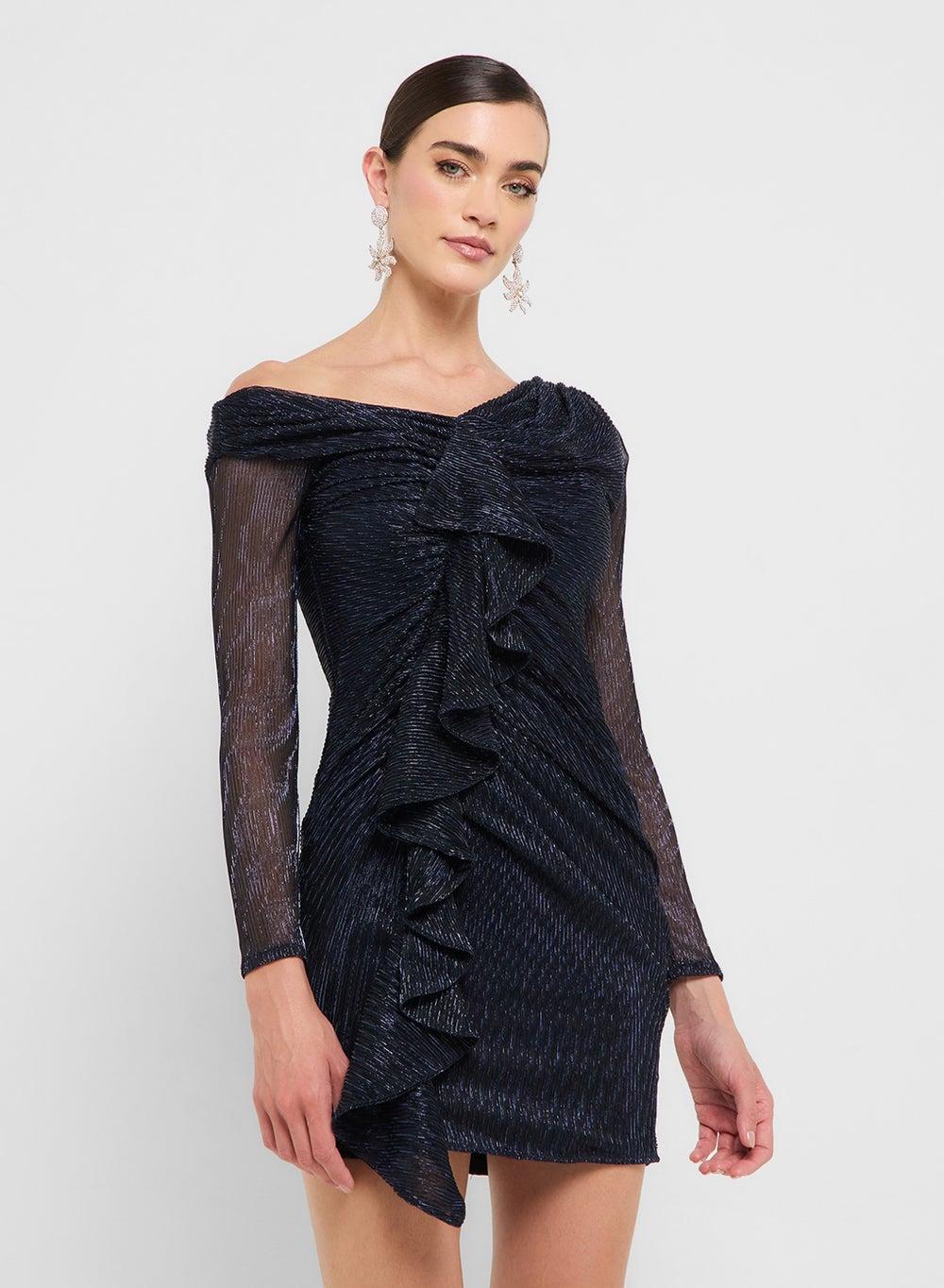 Eclat Luxe Asymmetric Shoulder Draped Ruffle Mini Dress - Image 1