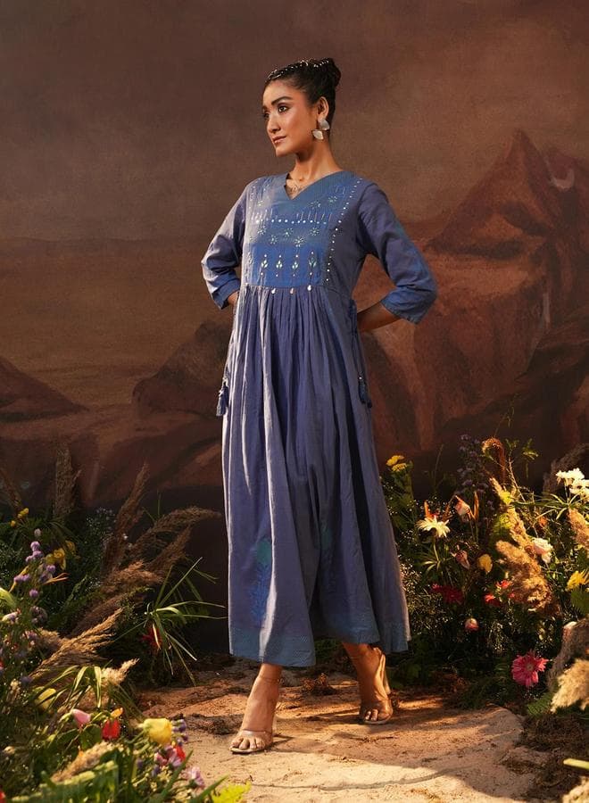 Blue Cotton Embellished Flared Maxi Dress for Women - Image 1