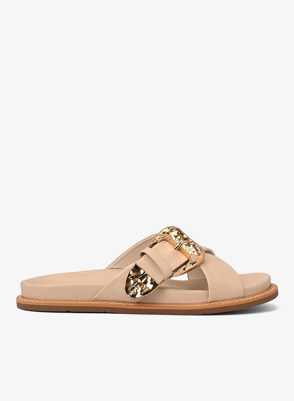Ivory Crossed Strap Flat Sandals with Buckle - Image 1