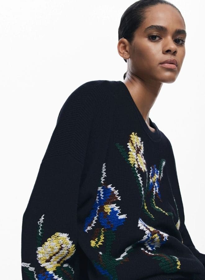 Jacquard Sweater with Embroidered Flowers - Image 1