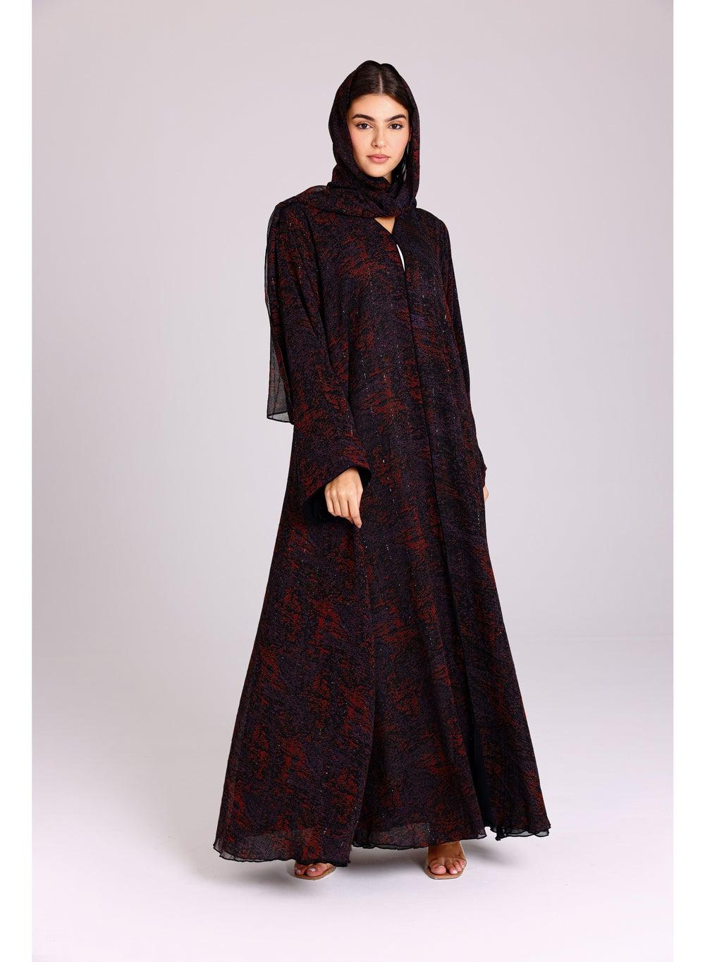 Modern Blotch Prints Purple Abaya with Lace Details - Image 1