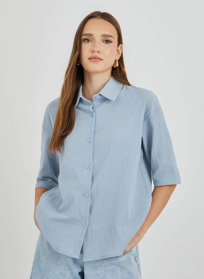 Cotton Linen Buttoned Spread Collar Shirt - Image 1