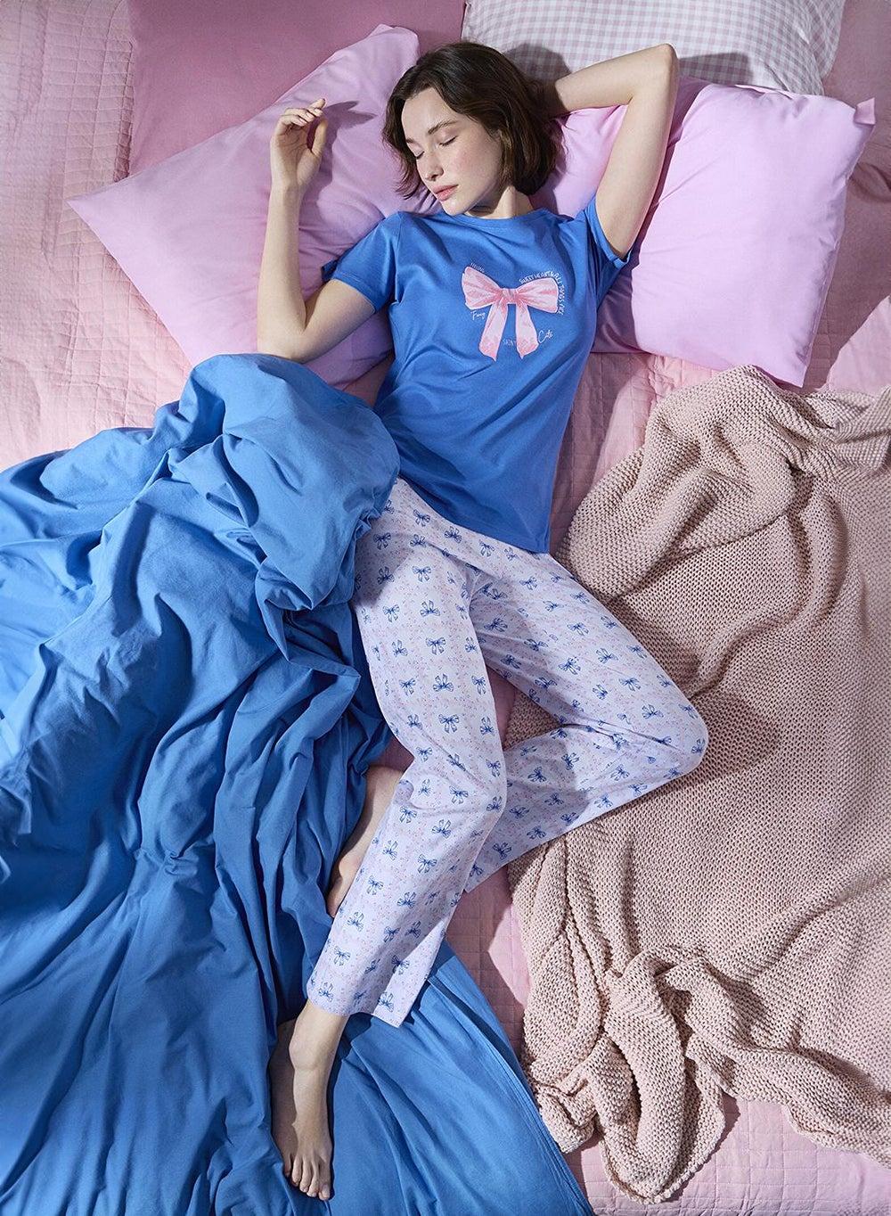Penti Fancy Bows Blue Cotton Pyjama Set - Image 1
