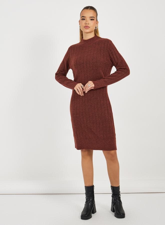 Brown Ribbed Knit Midi Dress - Image 1