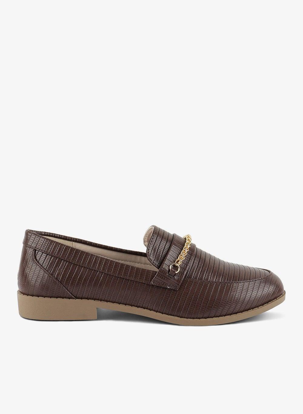 Brown Low Block Loafers with Golden Chain Detail - Image 1