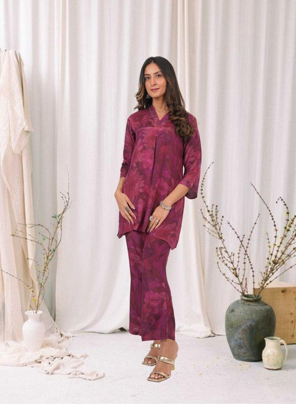 Crimson Bloom Wine Maroon Floral Kurta Pant Set - Image 1