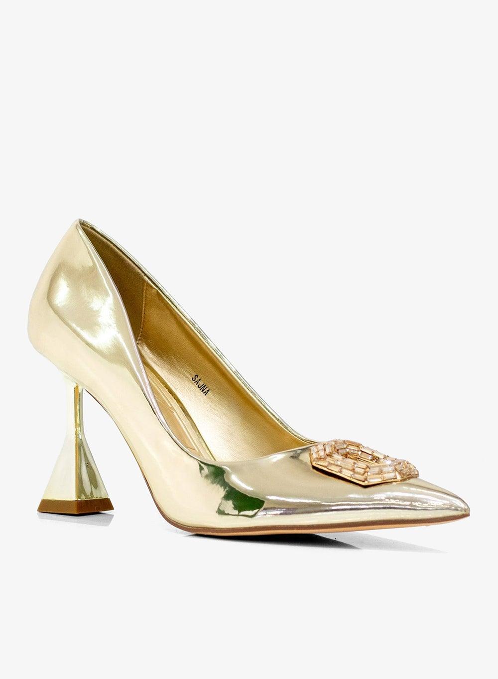 Sajna 9cm Gold Court Heels with Oct Diamante Trim - Image 1